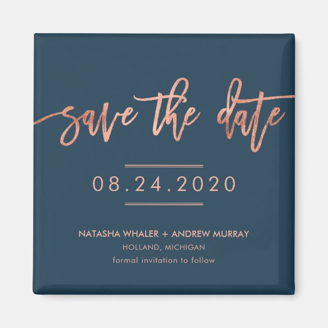 Rose Gold and Navy Save the Date Wedding Magnet (Front)