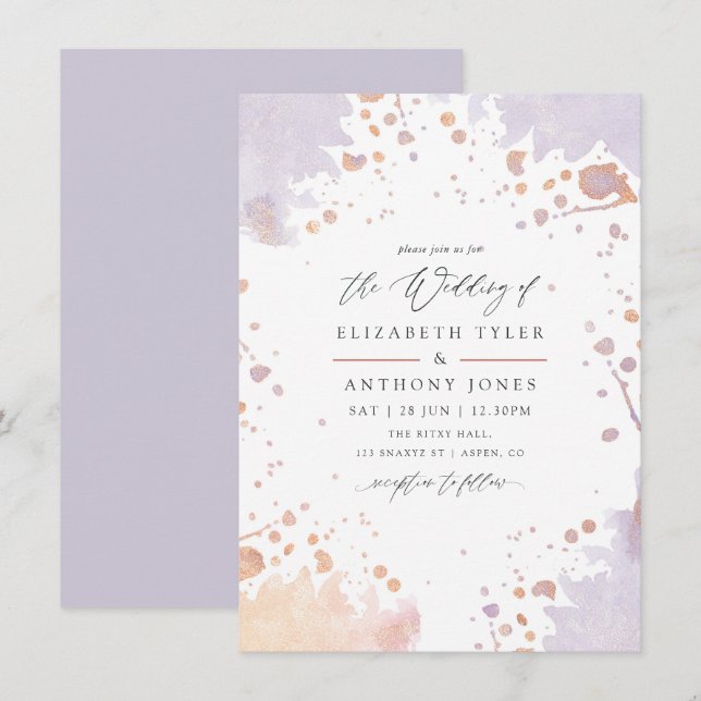 Rose Gold and Pastel Purple Paint Splatter Wedding Invitation (Front/Back)