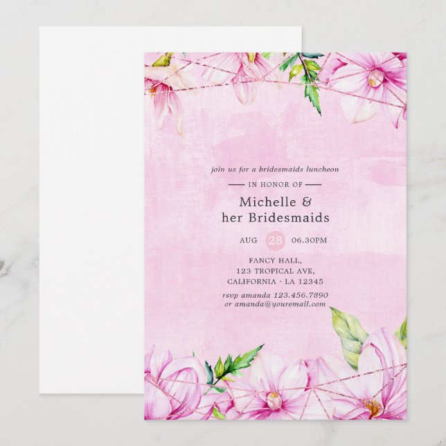 Rose Gold and Pink Floral Bridesmaids Luncheon Invitation (Front/Back)