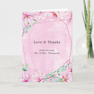 Rose Gold and Pink Floral Geometric Wedding Photo Thank You Card