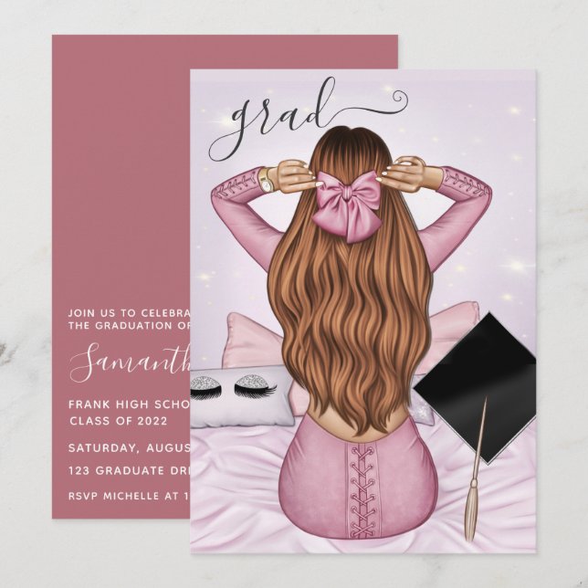 Rose Gold and Pink Ginger Girl Graduation Invitation (Front/Back)