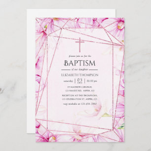 Rose Gold and Pink Magnolia Geometric Baptism Invitation