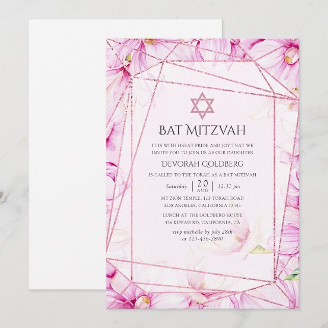 Rose Gold and Pink Magnolia Geometric Bat Mitzvah Invitation (Front/Back)