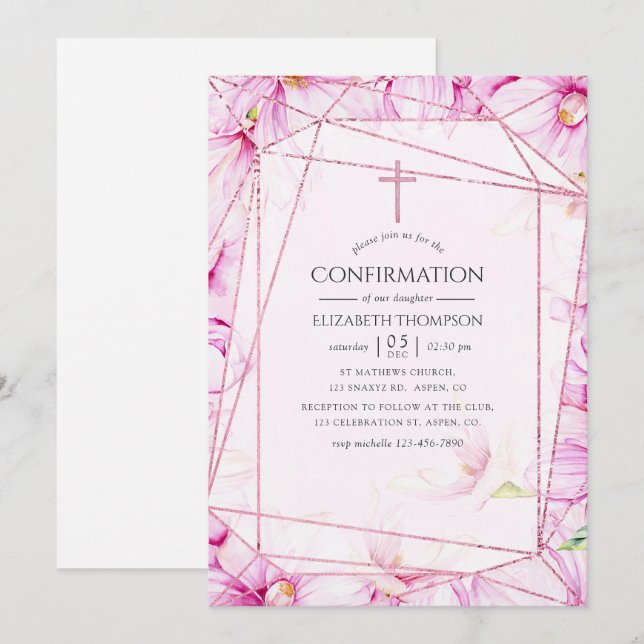 Rose Gold and Pink Magnolia Geometric Confirmation Invitation (Front/Back)