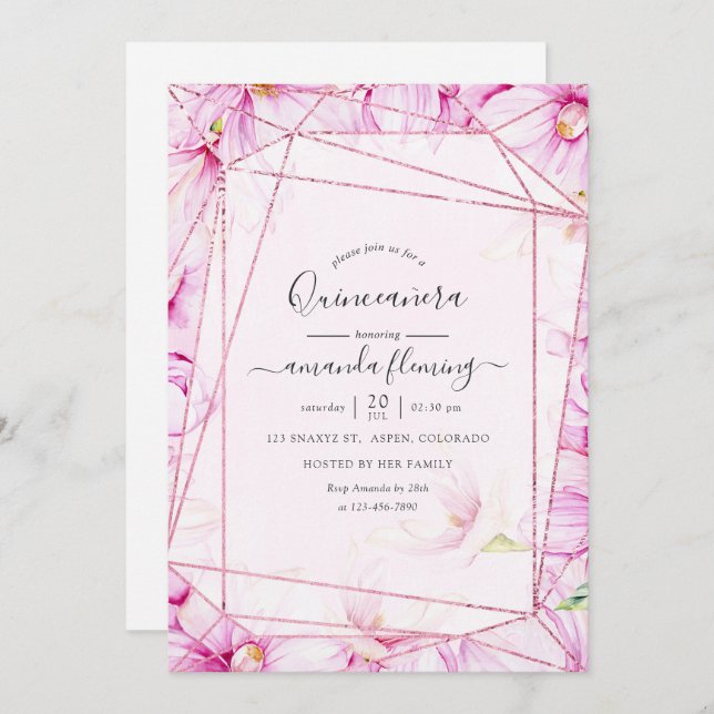 Rose Gold and Pink Magnolia Geometric Quinceañera Invitation (Front/Back)