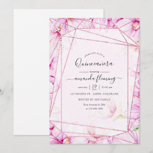 Rose Gold and Pink Magnolia Geometric Quinceañera Invitation