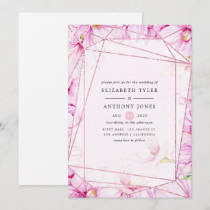 Rose Gold and Pink Magnolia Geometric Wedding Invitation