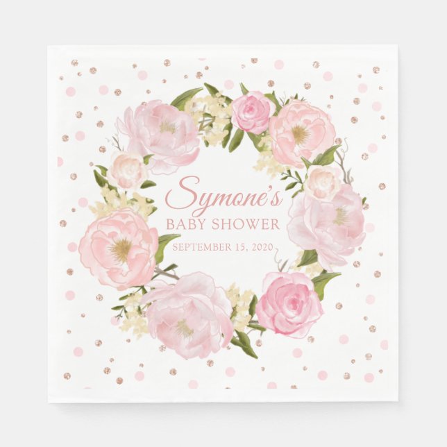 Rose Gold and Pink Peony Girl Baby Shower Napkin (Front)