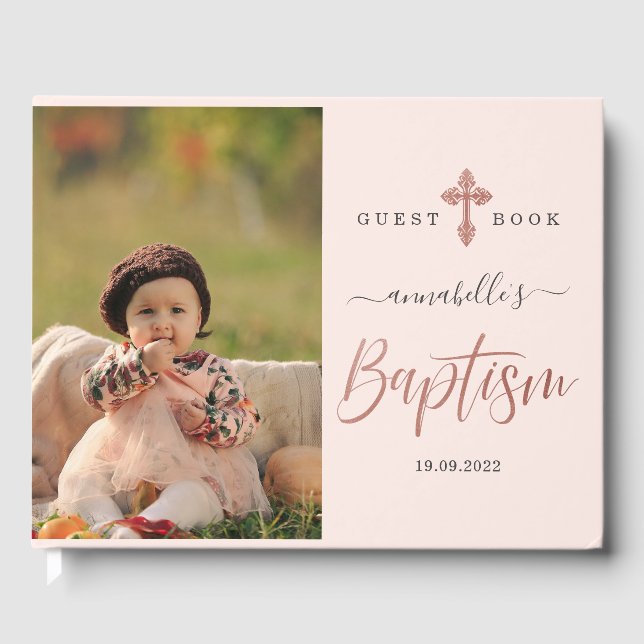Rose Gold And Pink Photo Girl Baptism  Guest Book (Front)