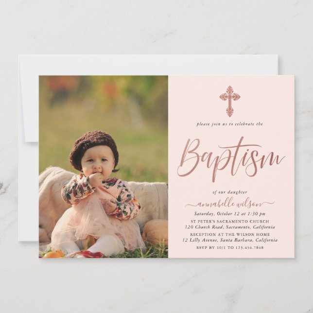 Rose Gold And Pink Photo Girl Baptism Invitation (Front)