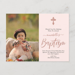 Rose Gold And Pink Photo Girl Baptism Thank You Postcard