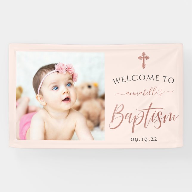 Rose Gold And Pink Photo Girl Baptism Welcome Banner (Horizontal)