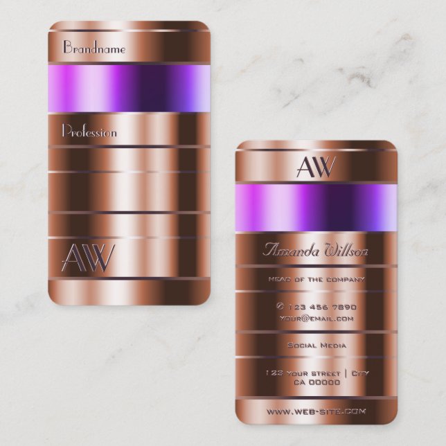 Rose Gold and Pink Purple Gradient with Initials Business Card (Front/Back)
