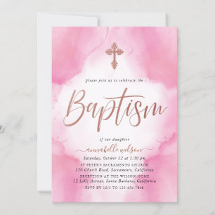Rose Gold And Pink Watercolor Girl Baptism Invitation