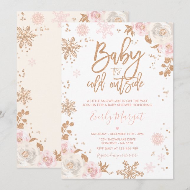 Rose Gold And Pink Winter Baby Shower Snowflake Invitation (Front/Back)