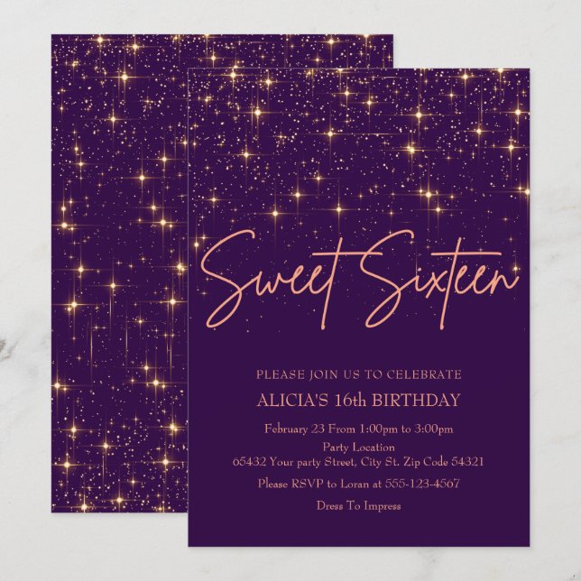 Rose Gold and Purple Sweet 16 Invitation (Front/Back)