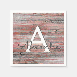 Rose Gold and Rustic Wood Monogram Birthday Napkin