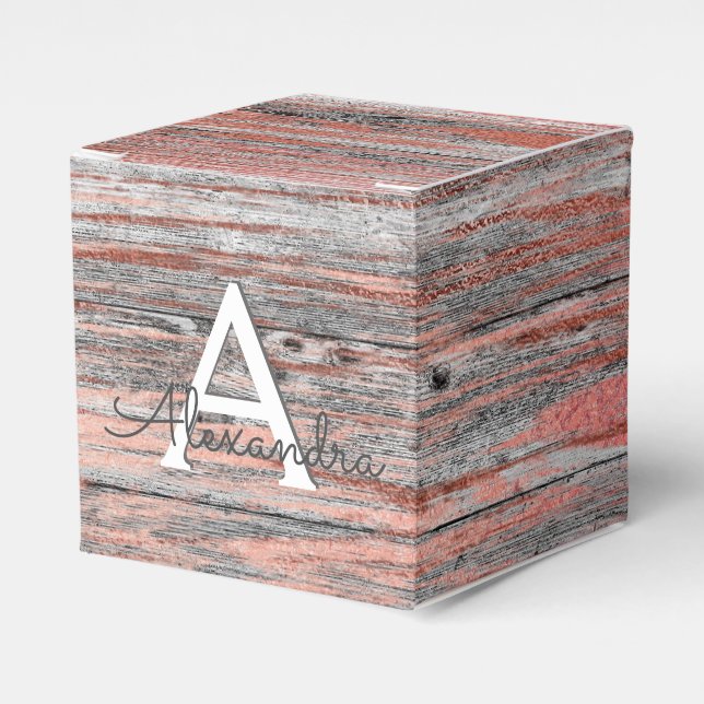 Rose Gold and Rustic Wood Monogram & Initial Favour Box (Front Side)