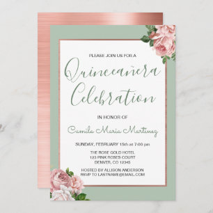 Rose Gold and Sage Floral Quinceañera Invitation