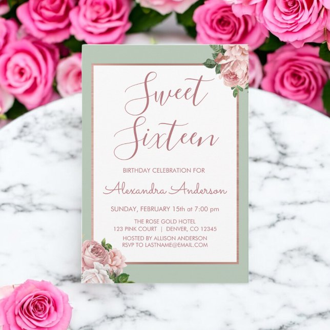 Rose Gold and Sage Floral Sweet Sixteen Birthday Invitation (Creator Uploaded)