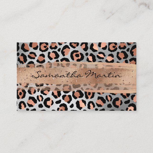 Rose Gold and Silver Foil Leopard Brush Stroke Business Card (Front)