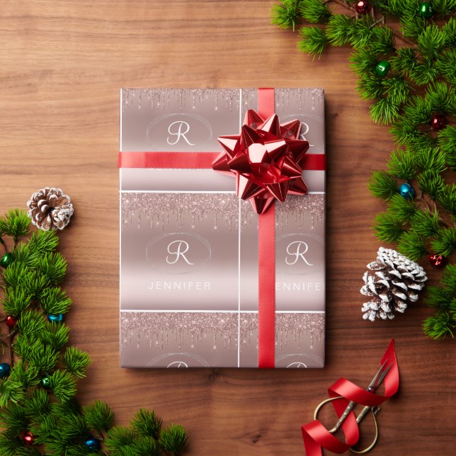 Rose Gold and Silver Glitter Monogram  Wrapping Paper (Holiday Gift)