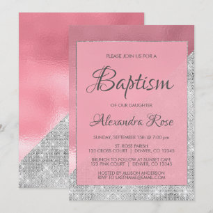 Rose Gold and Silver Sparkle Baby Girl  Baptism Invitation
