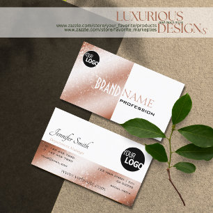 Rose Gold and White Glitter Stars with Logo Modern Business Card