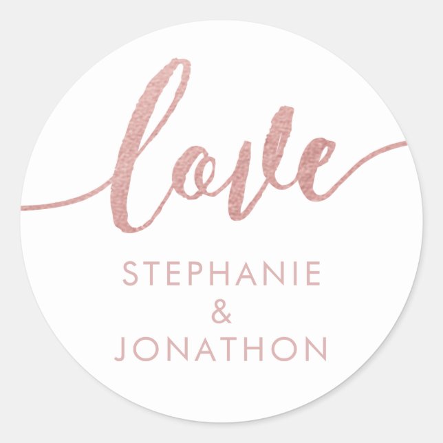 Rose Gold and White Love Script Name Favour Sticke Classic Round Sticker (Front)