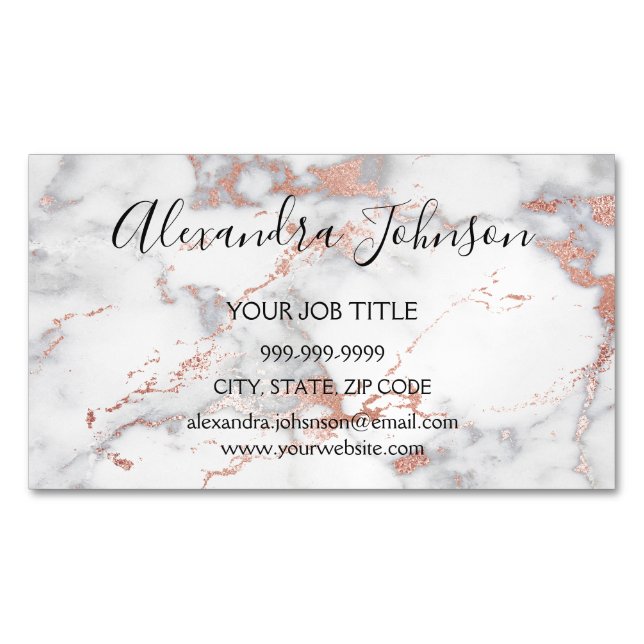 Rose Gold and White Marble Hair and Makeup Magnetic Business Card (Front)