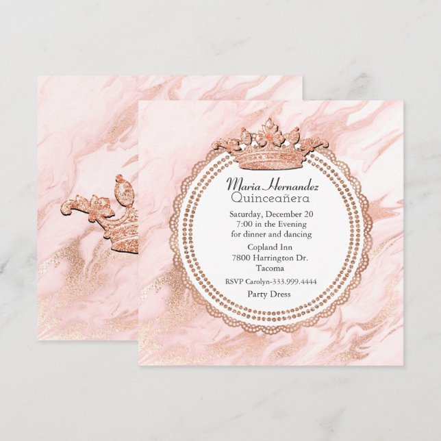 Rose Gold and White Marbled Quinceanera Invitation (Front/Back)