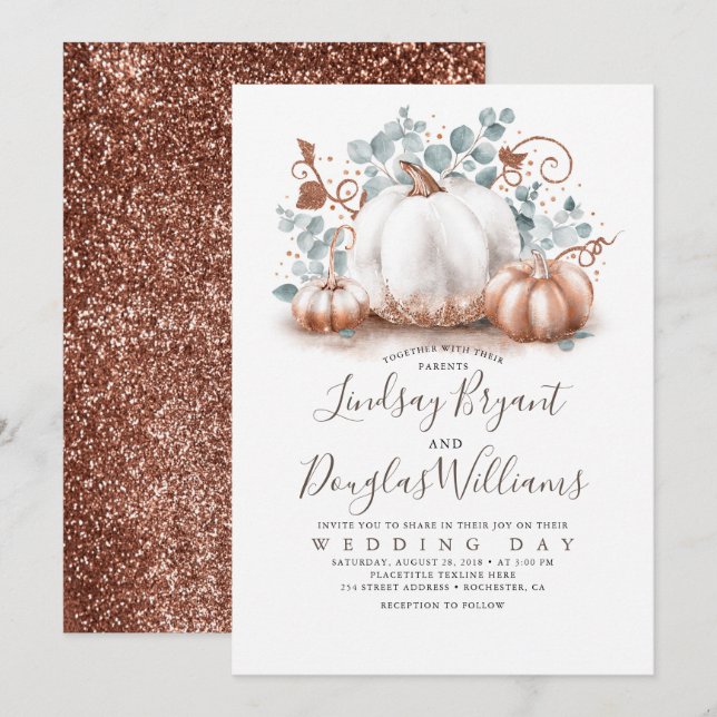 Rose Gold and White Pumpkins Rustic Fall Wedding Invitation (Front/Back)