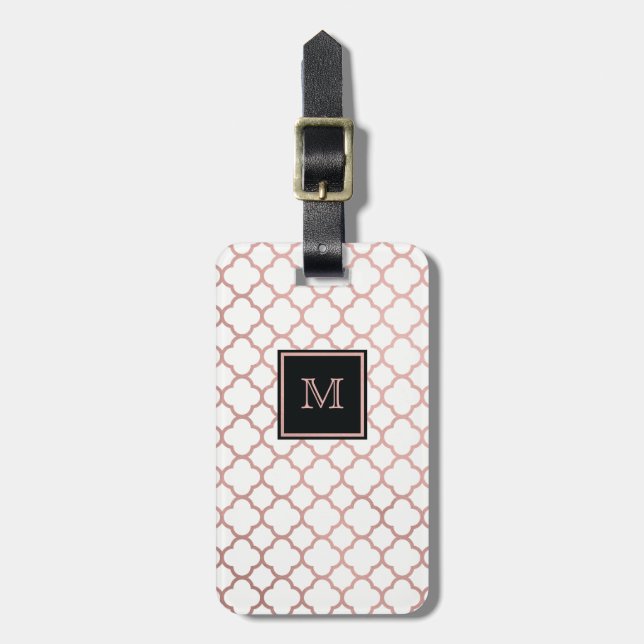 Rose Gold and white quatrefoil Luggage Tag (Front Vertical)