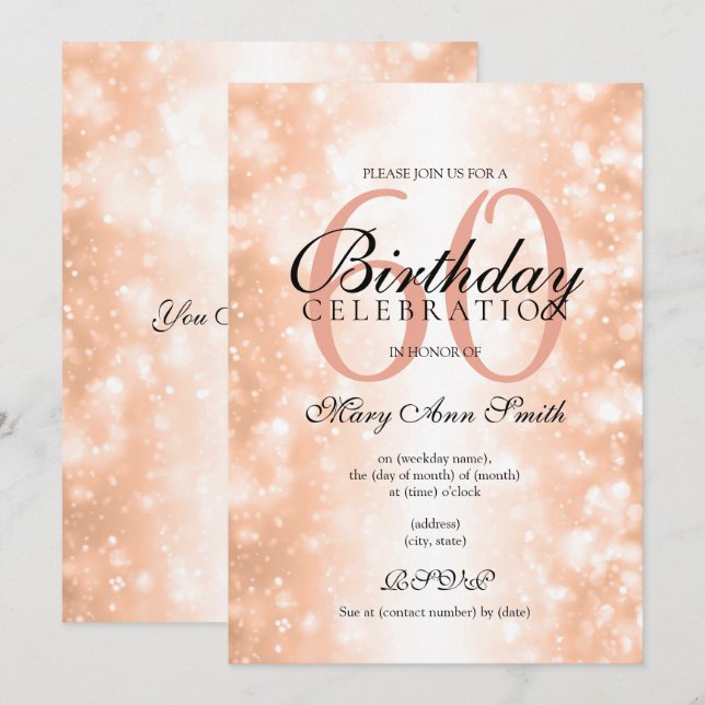 Rose Gold Any Age Birthday Party Shimmer Lights Invitation (Front/Back)