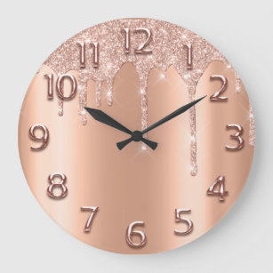 Rose Gold Arabic Number Glitter Drip Blush Copper Large Clock