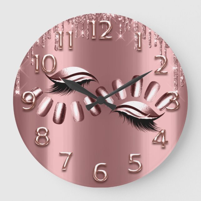 Rose Gold Arabic Number Glitter Drip Lashes Nails Large Clock (Front)