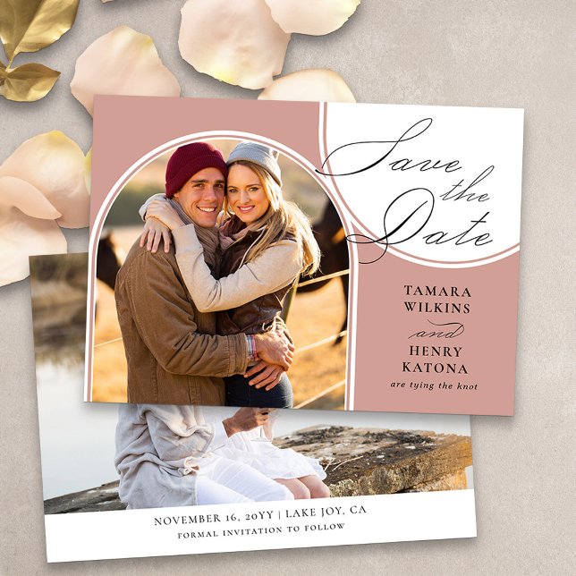 Rose Gold Arched Photo Wedding Calligraphy Save The Date (Arch photo save the date wedding announcement in rose gold from my Wedding Colors collection)