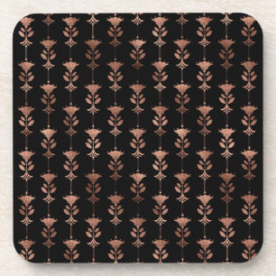 Rose Gold Art Deco Flowers on Black Coaster