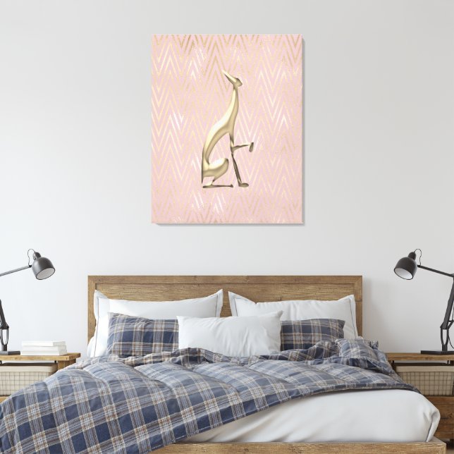 Rose Gold Art Deco Greyhound Stretched Canvas Print (Insitu(Bedroom))