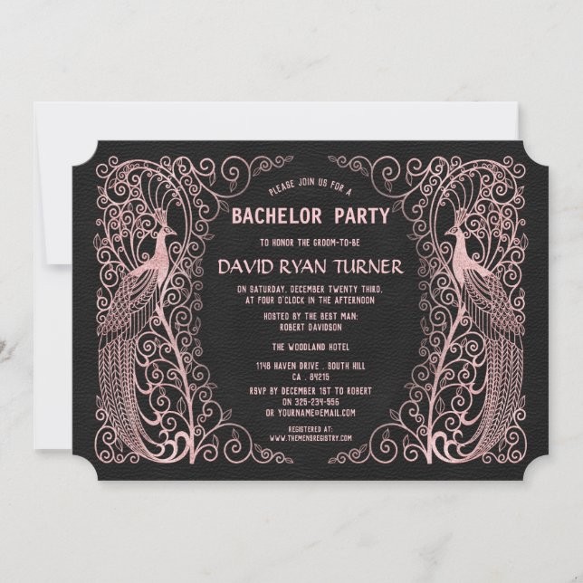 Rose Gold Art Deco Peacock Black Wedding Invite (Front)