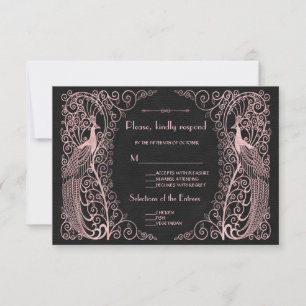 Rose Gold Art Deco Peacocks Black RSVP