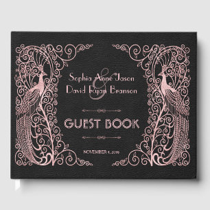 Rose Gold Art Deco Peacocks Black Wedding Guest Book