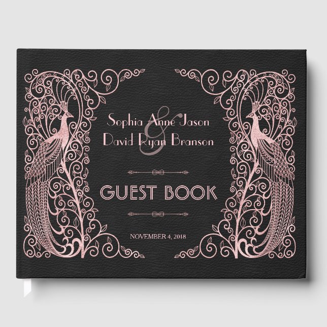 Rose Gold Art Deco Peacocks Black Wedding Guest Book (Front)
