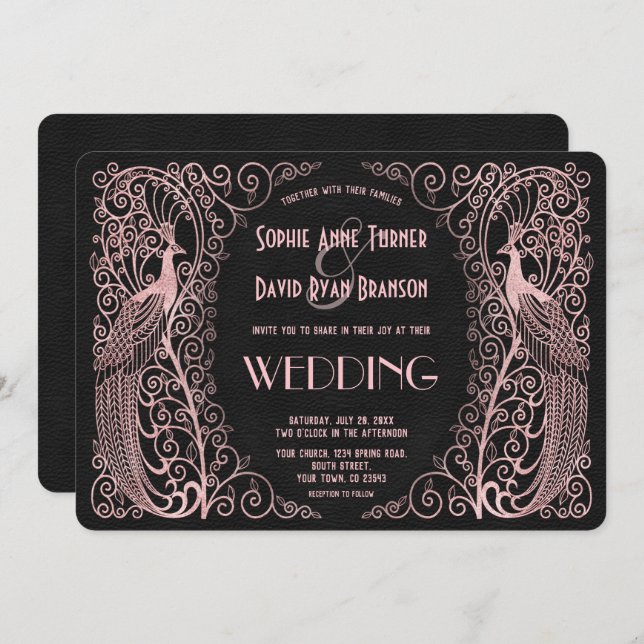Rose Gold Art Deco Peacocks Black Wedding Invite (Front/Back)