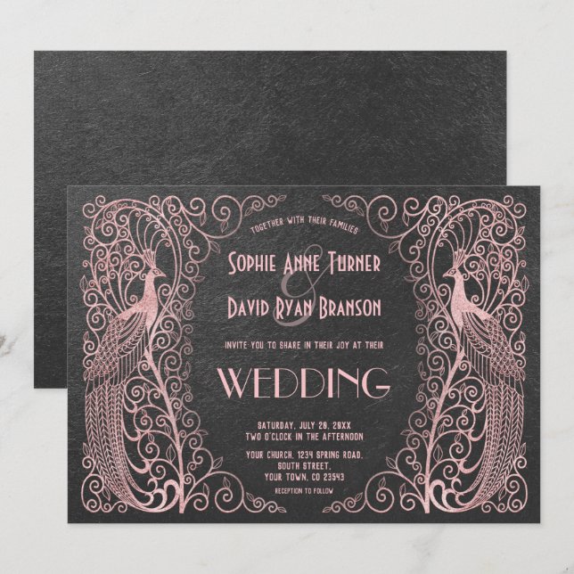 Rose Gold Art Deco Peacocks Black Wedding Invite (Front/Back)