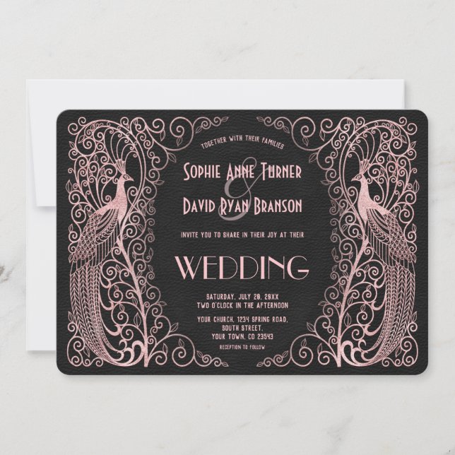 Rose Gold Art Deco Peacocks Black Wedding Invite (Front)