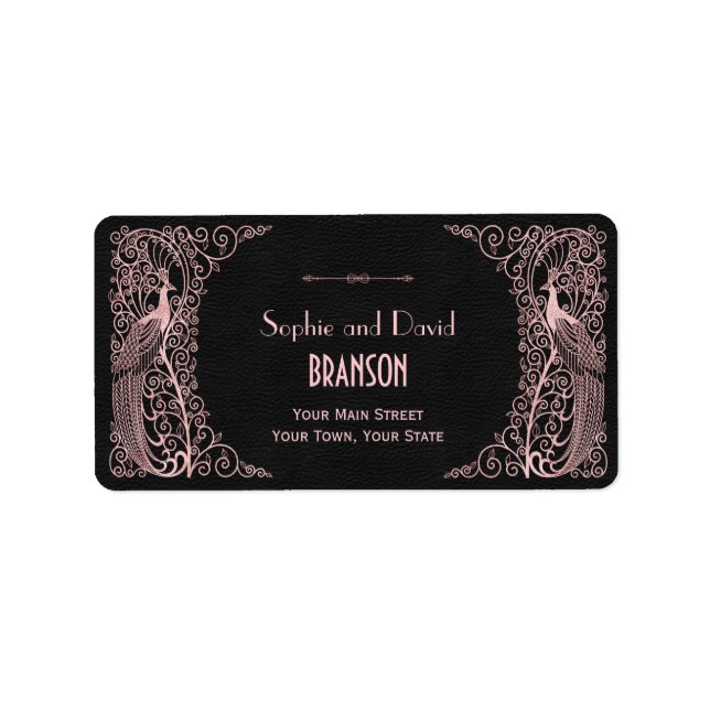 Rose Gold Art Deco Peacocks Black Wedding Label (Front)