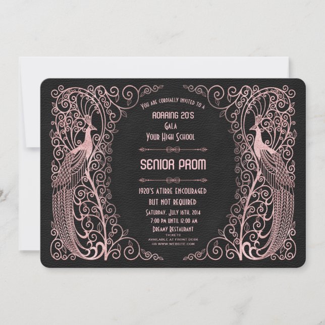 Rose Gold Art Deco Peacocks Senior Prom Invitation (Front)