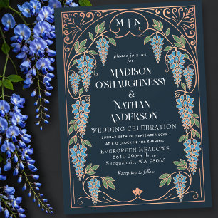 Rose Gold Art Nouveau Blue Wisteria Wedding Invitation