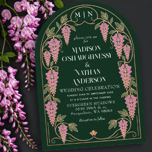 Rose Gold Art Nouveau Pink Wisteria Wedding Arch Invitation